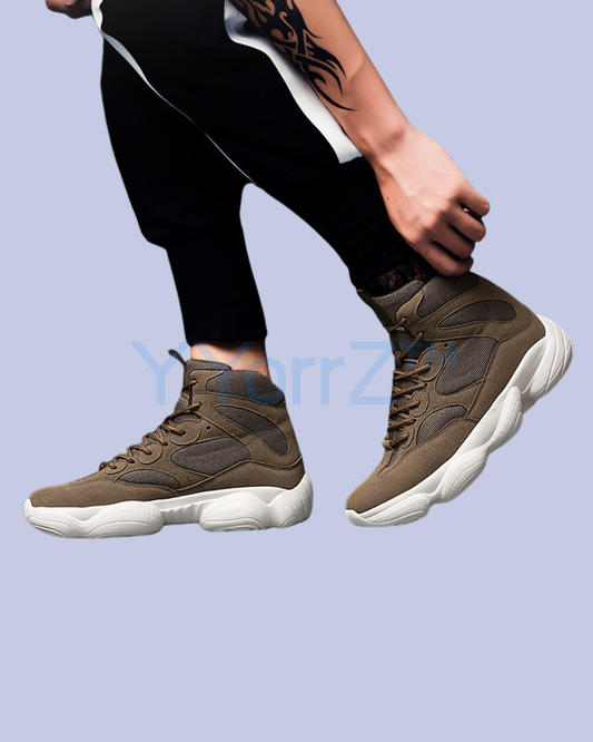 A model with the brown Urban Streetwear High-Top Sneakers