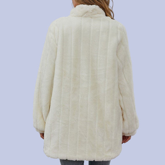 The back view of the Soft White Faux Fur Overcoat