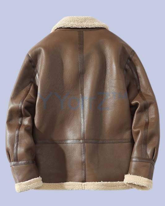 The back view of the Thick Vintage Faux Leather Curly Shearling Lining Jacket