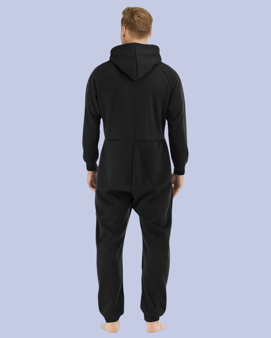 A back view of the black Men’s Fleece One Piece Hooded Jumpsuit