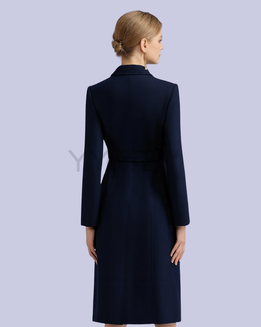 The back view of the navy blue Long Belted Wool Coat