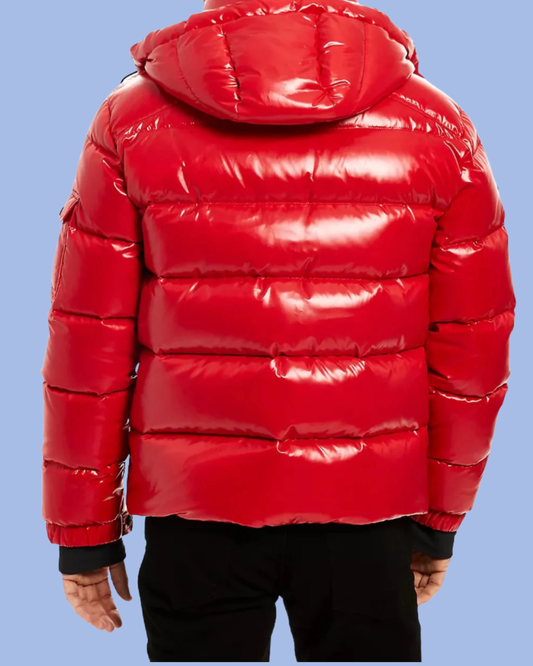 Back view red Glossy Glacier Down Puffer Coat