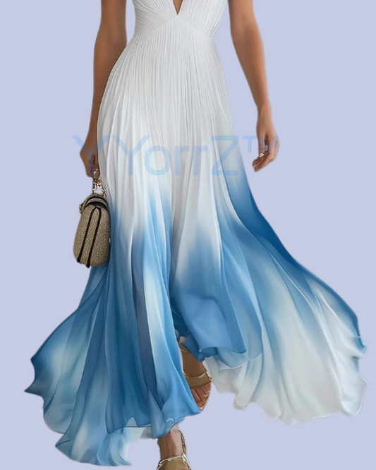 The blue gradience of the White Pleated Ombre Maxi Dress