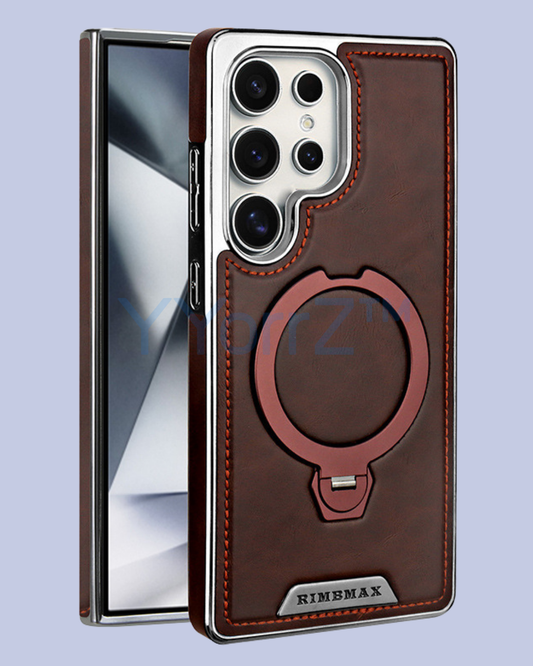 The coffee brown 360° Flip Ring Leather MagSafe Magnetic Samsung Galaxy Case