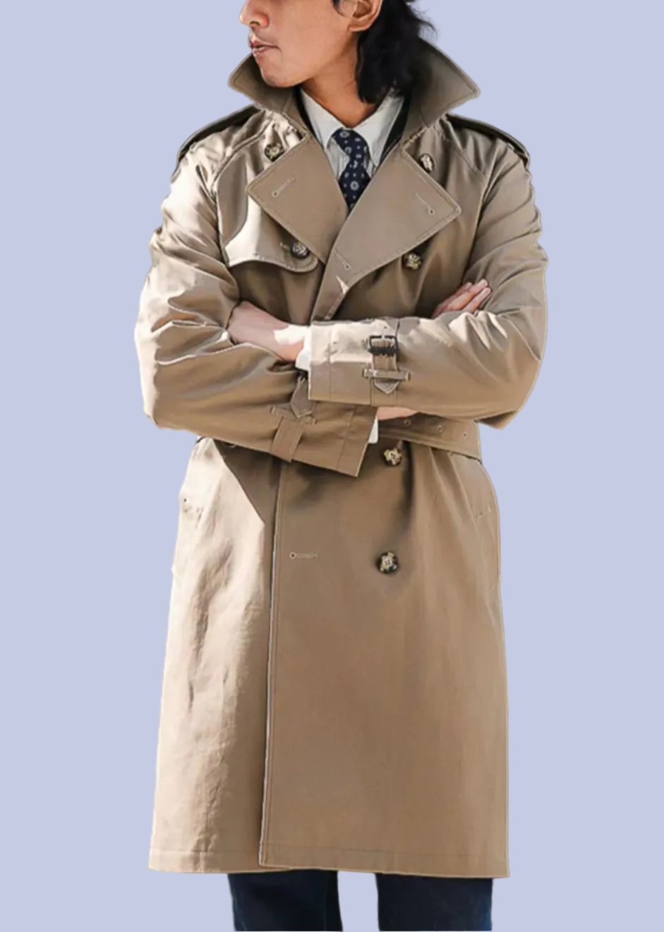 Real life display of the Military Style Double-Breasted Trench Coat
