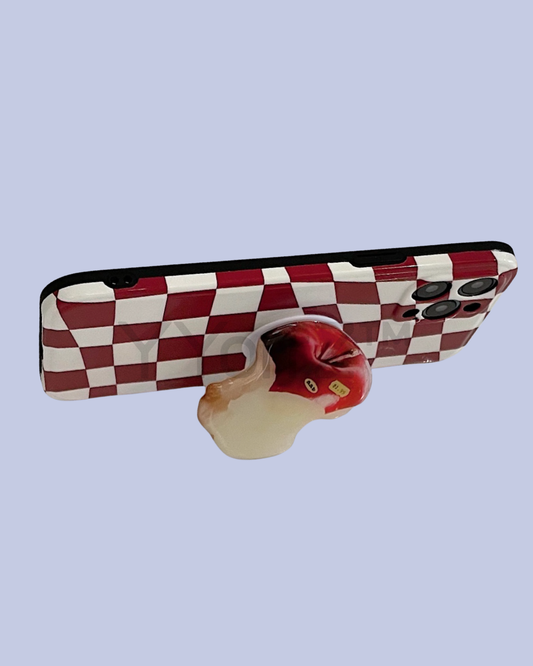 The Red Checkered iPhone Case with Apple Stand Grip in landscape mode