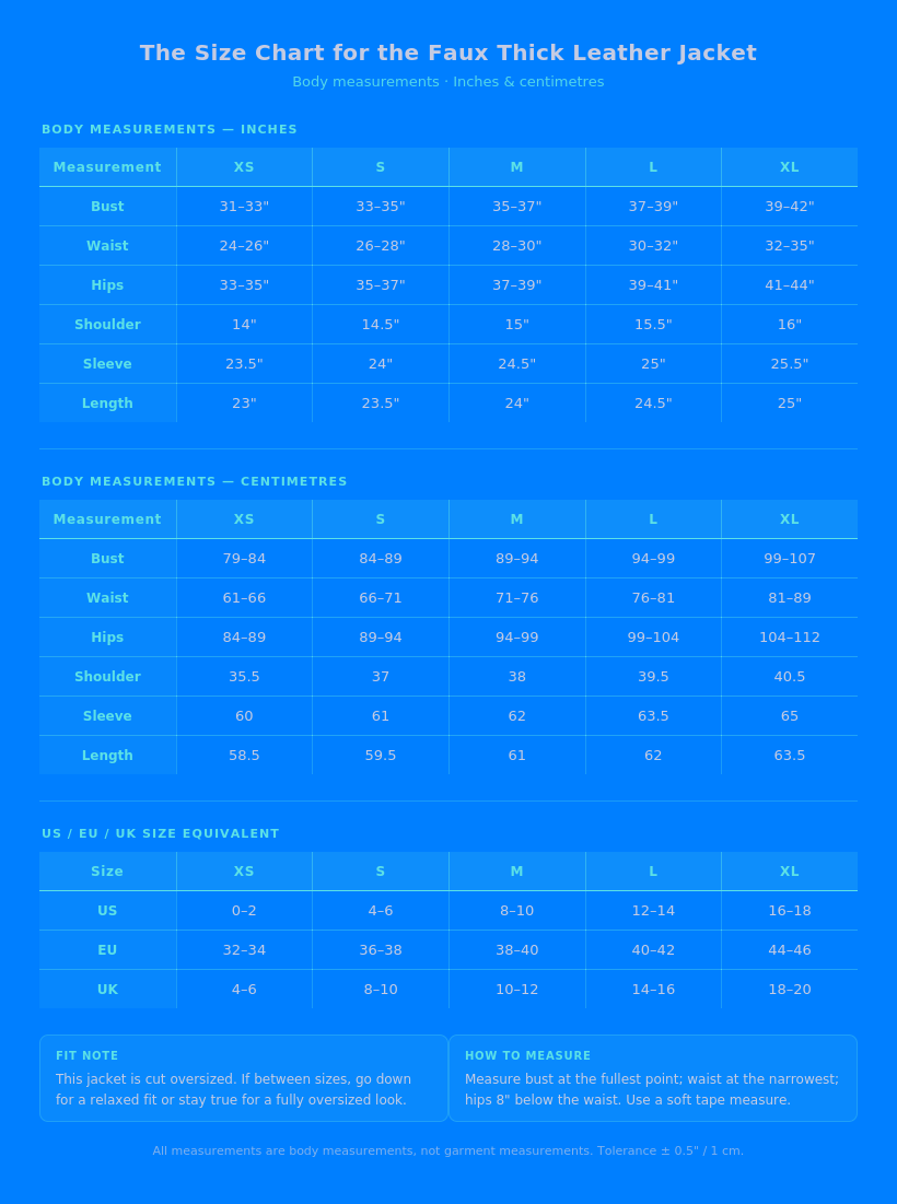 The Size Chart for the Faux Thick Leather Jacket