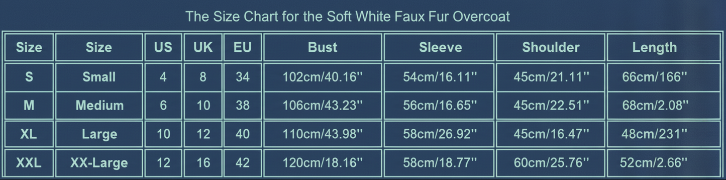 The Size Chart for the Soft White Faux Fur Overcoat