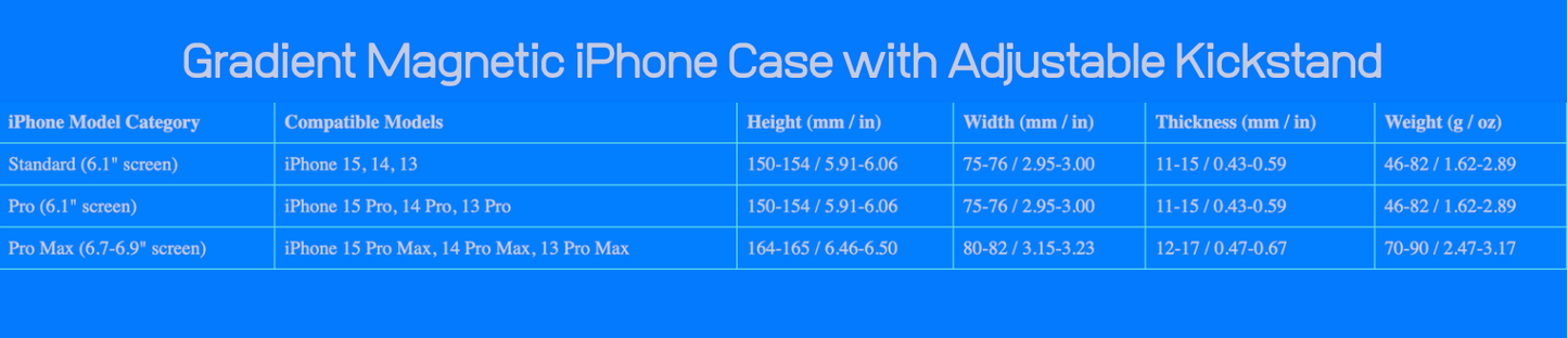 The size chart of the Gradient Magnetic iPhone Case with Adjustable Kickstand