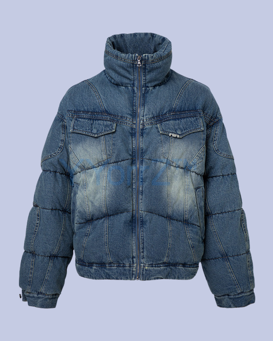 The Washed Vintage Denim Puffer Jacket