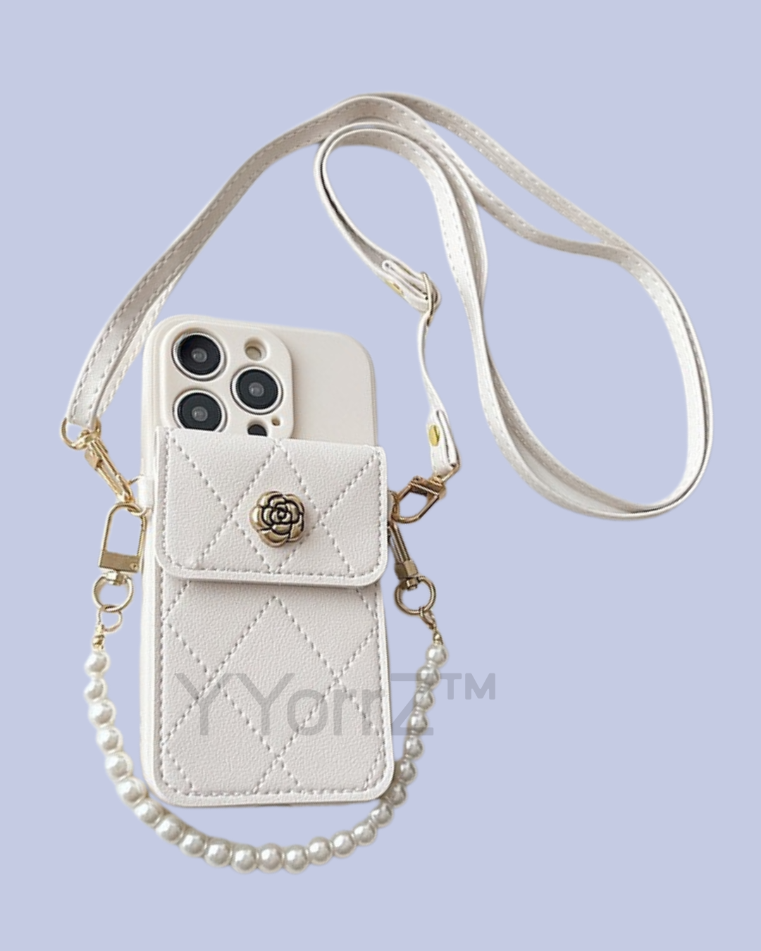 The white Crossbody Quilted iPhone Wallet Case with Pearl Chain Strap