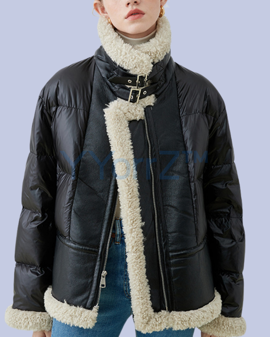 A real-life display of the Black Faux Jacket on a Model.