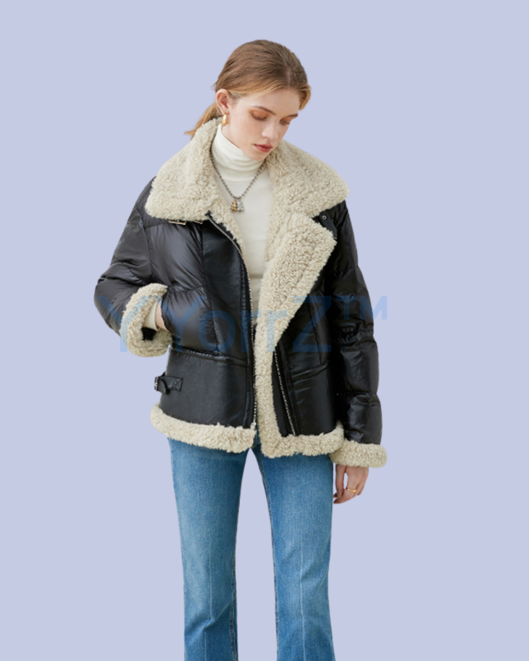 A model wearing the black faux jacket.