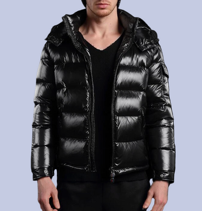A male model with the Glossy Down Puffer Hooded Jacket