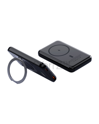 Another view of the black Magnetic MagSafe 5000mAh Power Bank with Metal Ring Stand, Fast Charging & Smart LED Display