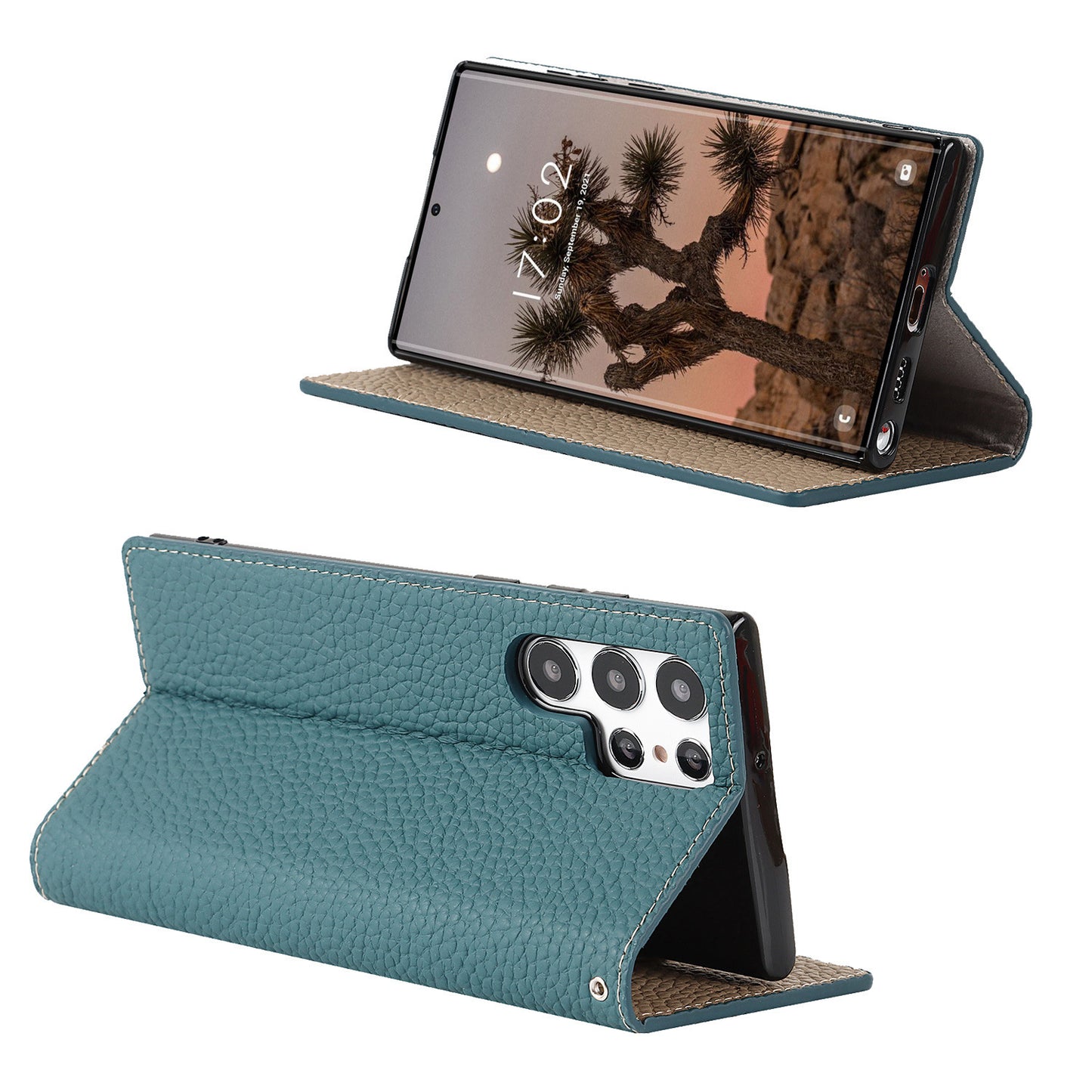 The back and front handfree view of the deep teal Samsung Galaxy Leather Wallet Phone Case