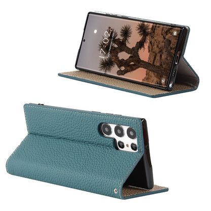 The back and front handfree view of the deep teal Samsung Galaxy Leather Wallet Phone Case