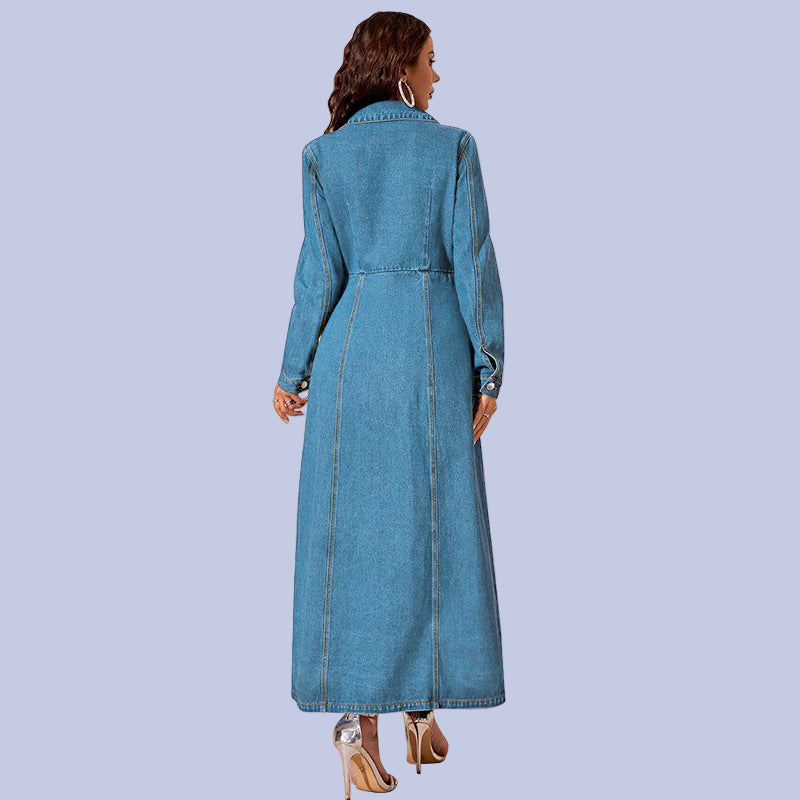 The back of the light stonewash blue Long Button Down Denim Maxi Dress Duster