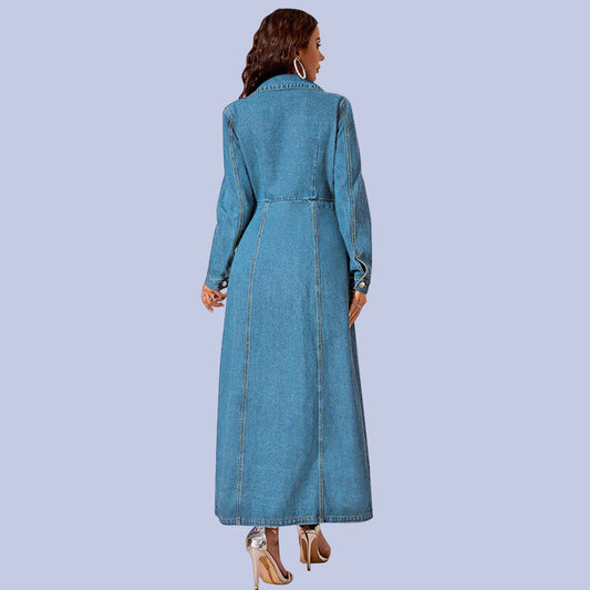 The back of the light stonewash blue Long Button Down Denim Maxi Dress Duster