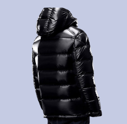 The back view of the Glossy Down Puffer Hooded Jacket
