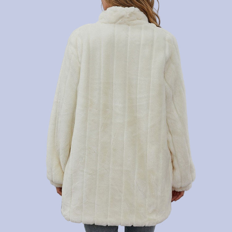 The back view of the Soft White Faux Fur Overcoat
