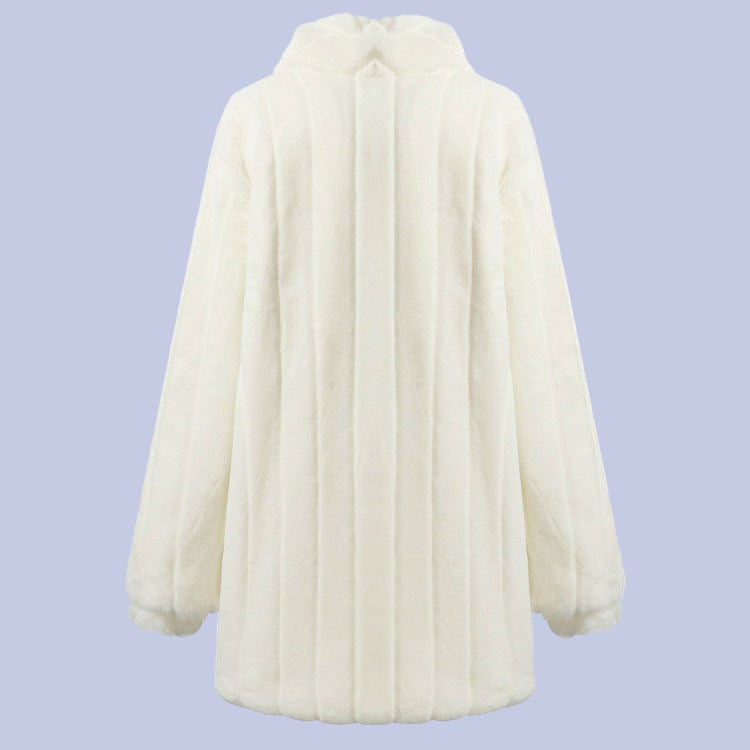 The back view of the Soft White Faux Fur Overcoat on display