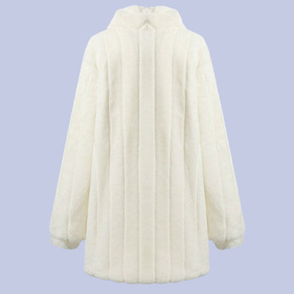 The back view of the Soft White Faux Fur Overcoat on display