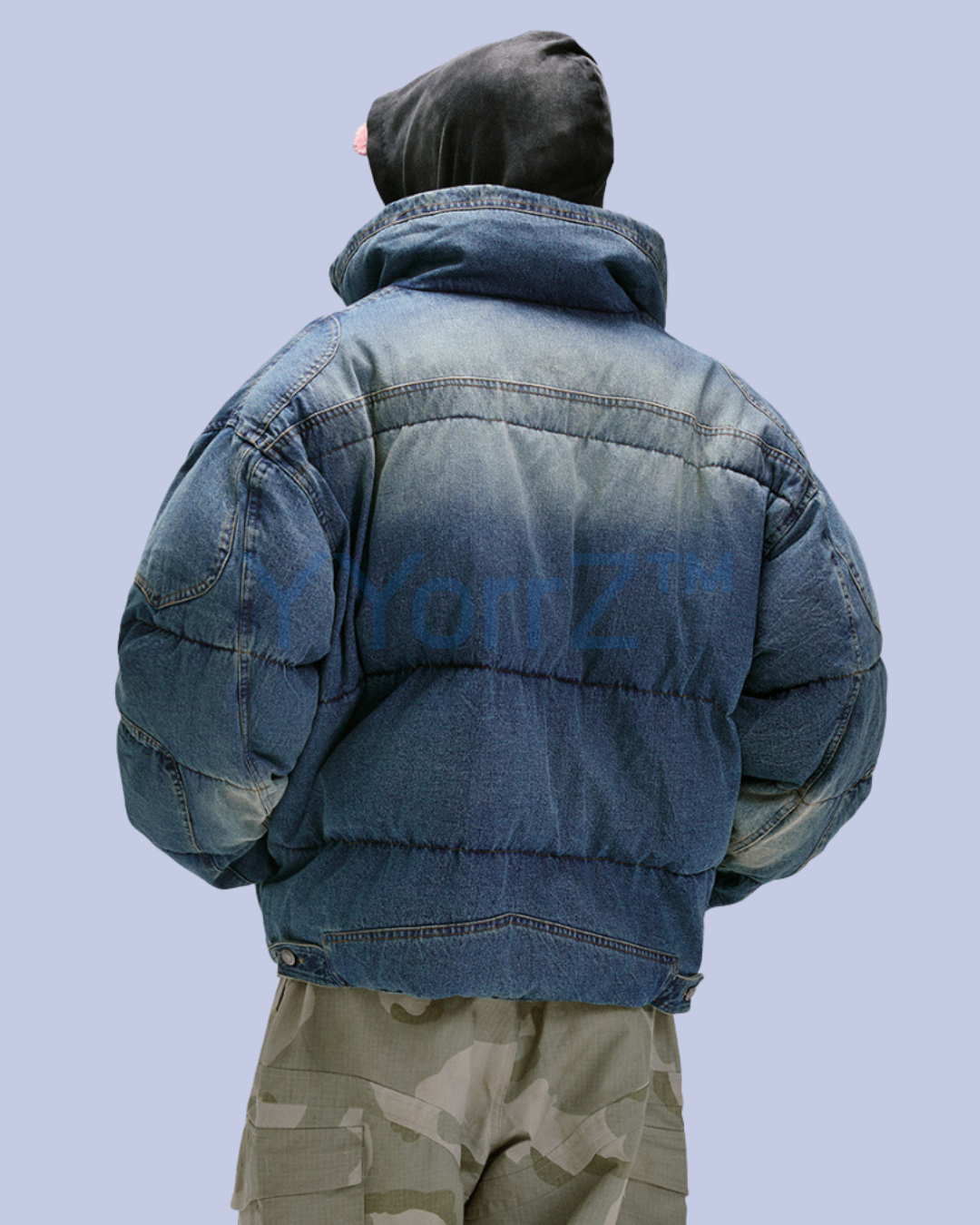 The back view of the Washed Vintage Denim Puffer Jacket