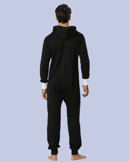 The back view of the black and white Men’s Fleece One Piece Hooded Jumpsuit