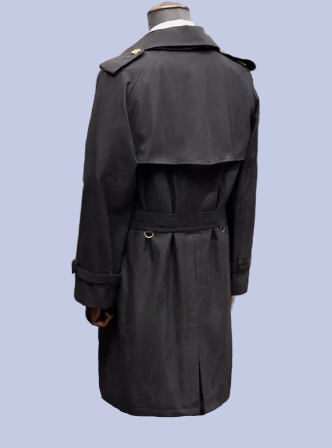 The back view of the jet black Military Style Double-Breasted Trench Coat