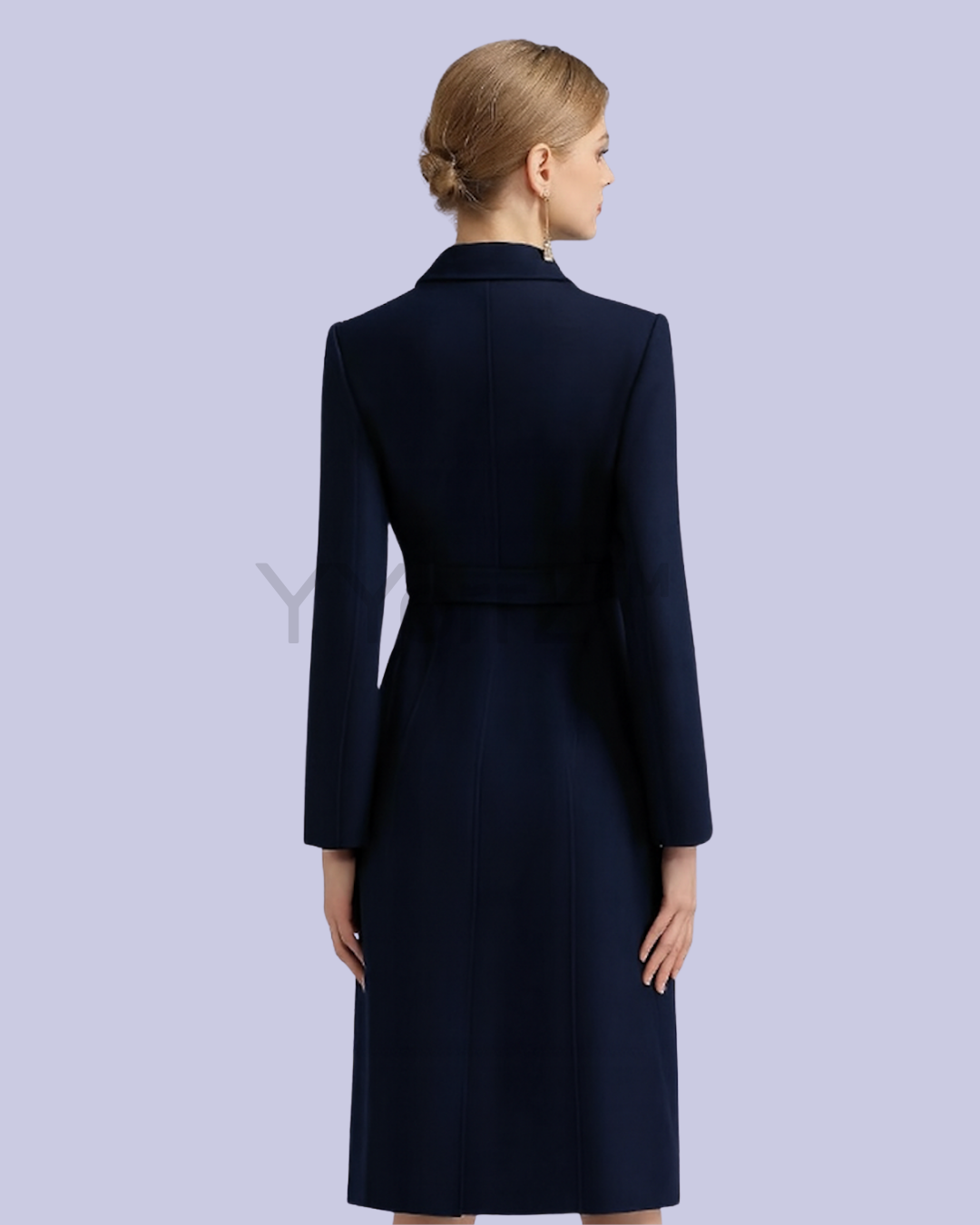 The back view of the navy blue Long Belted Wool Coat