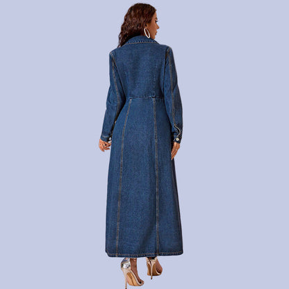The backview of the deep indigo blue Long Button Down Denim Maxi Dress Duster.
