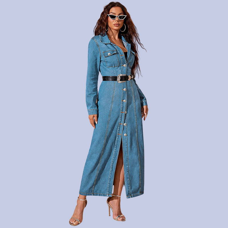 Belted light stonewash blue Long Button Down Denim Maxi Dress Duster
