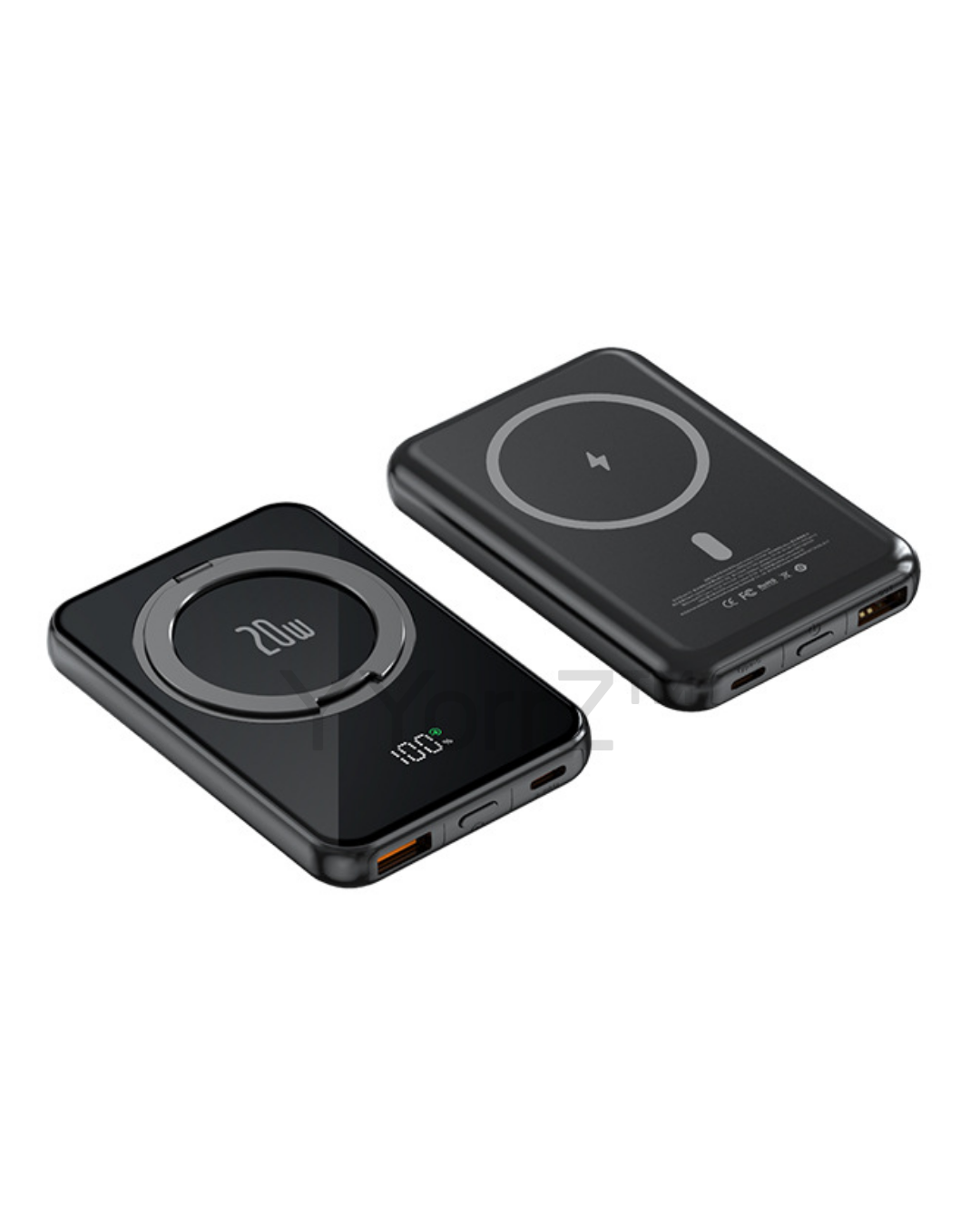 The black Magnetic MagSafe 5000mAh Power Bank with Metal Ring Stand, Fast Charging & Smart LED Display