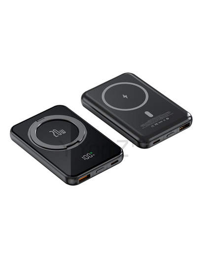 The black Magnetic MagSafe 5000mAh Power Bank with Metal Ring Stand, Fast Charging & Smart LED Display