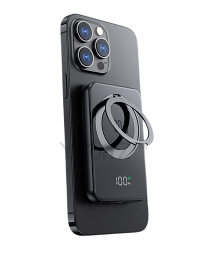 The black Magnetic MagSafe 5000mAh Power Bank with Metal Ring Stand, Fast Charging & Smart LED Display with an iPhone attached.