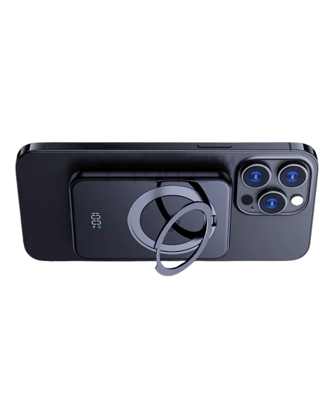 The vertical view of the black Magnetic MagSafe 5000mAh Power Bank with Metal Ring Stand, Fast Charging & Smart LED Display