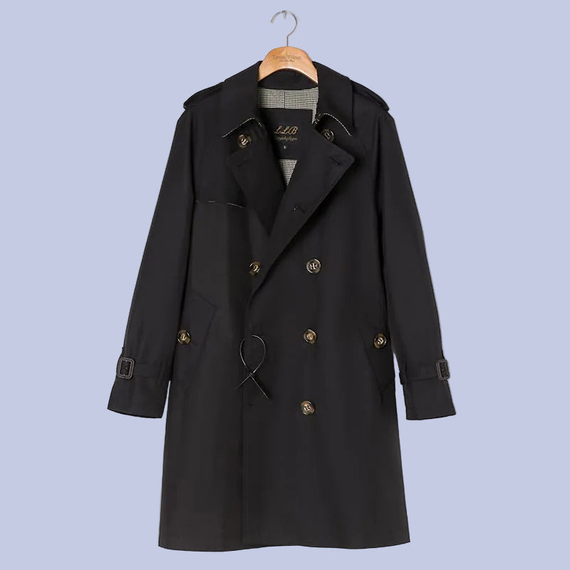 The black Military Style Double-Breasted Trench Coat
