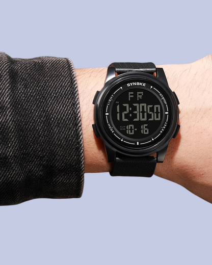 The black SYNOKE 9822 Waterproof Digital Sports Watch in real life