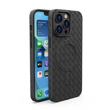 The black Woven Pattern Magnetic Suction iPhone Case with Heat Dissipation