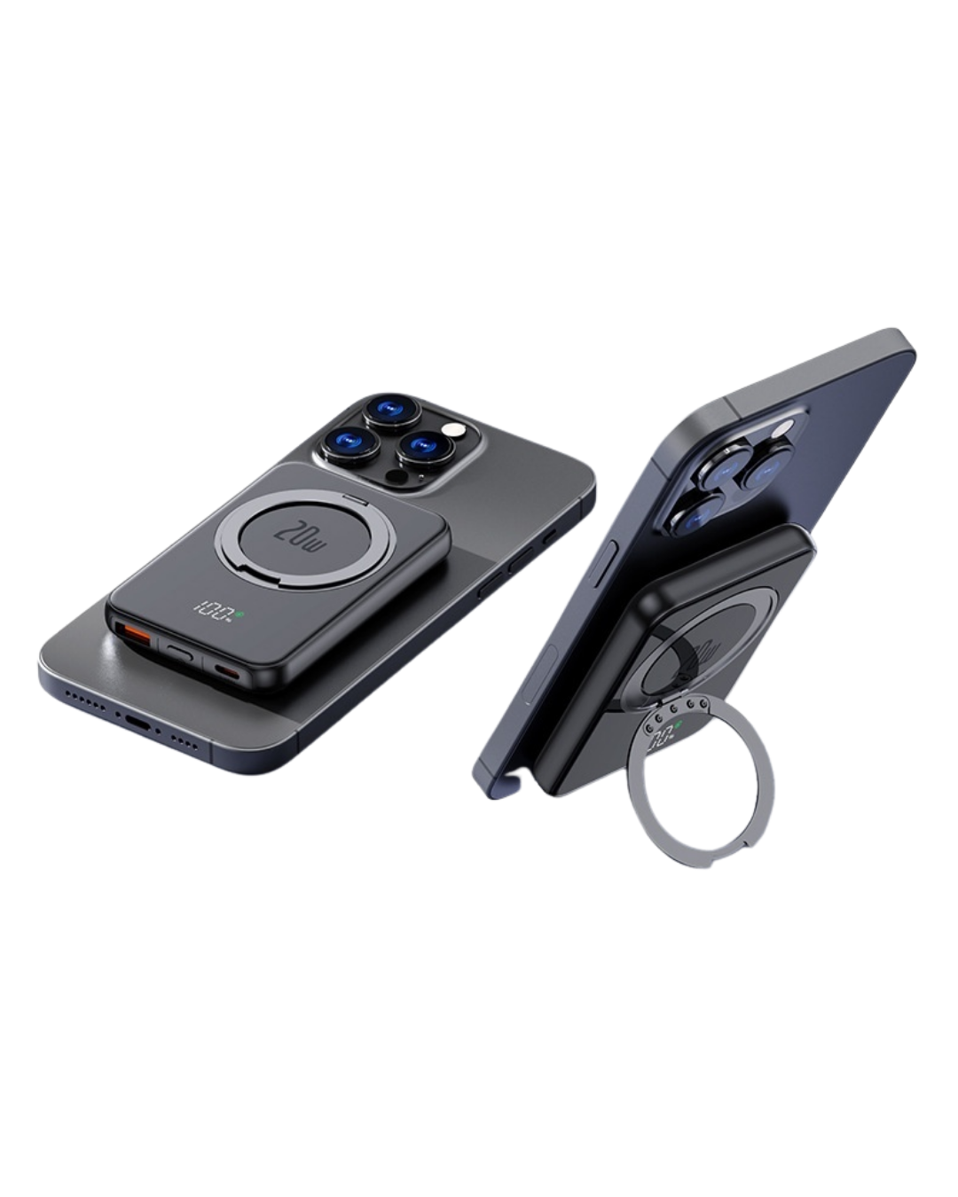 Vertical and horizontal views of the black Magnetic MagSafe 5000mAh Power Bank with Metal Ring Stand, Fast Charging & Smart LED Display