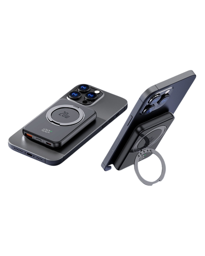 Vertical and horizontal views of the black Magnetic MagSafe 5000mAh Power Bank with Metal Ring Stand, Fast Charging & Smart LED Display