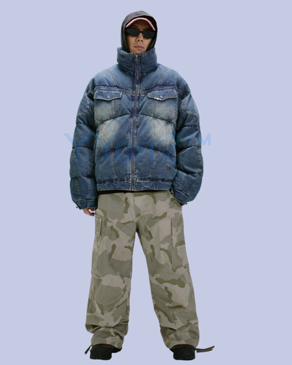 The Washed Vintage Denim Puffer Jacket Buttoned