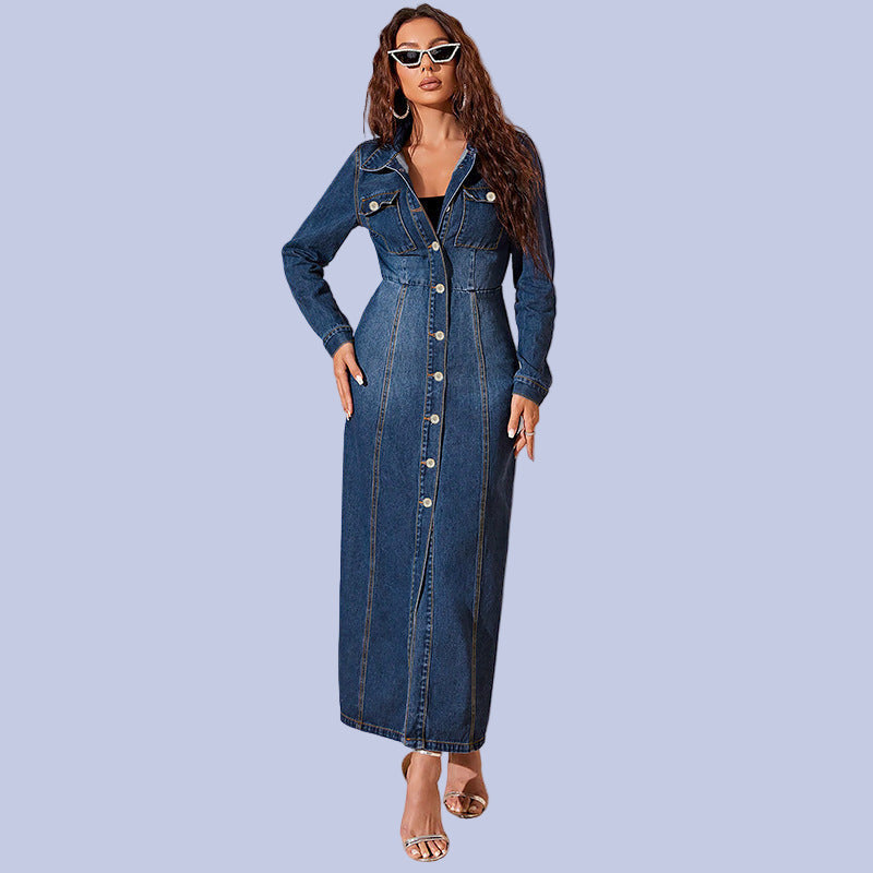 Buttoned up deep indigo denim Long Button Down Denim Maxi Dress Duster