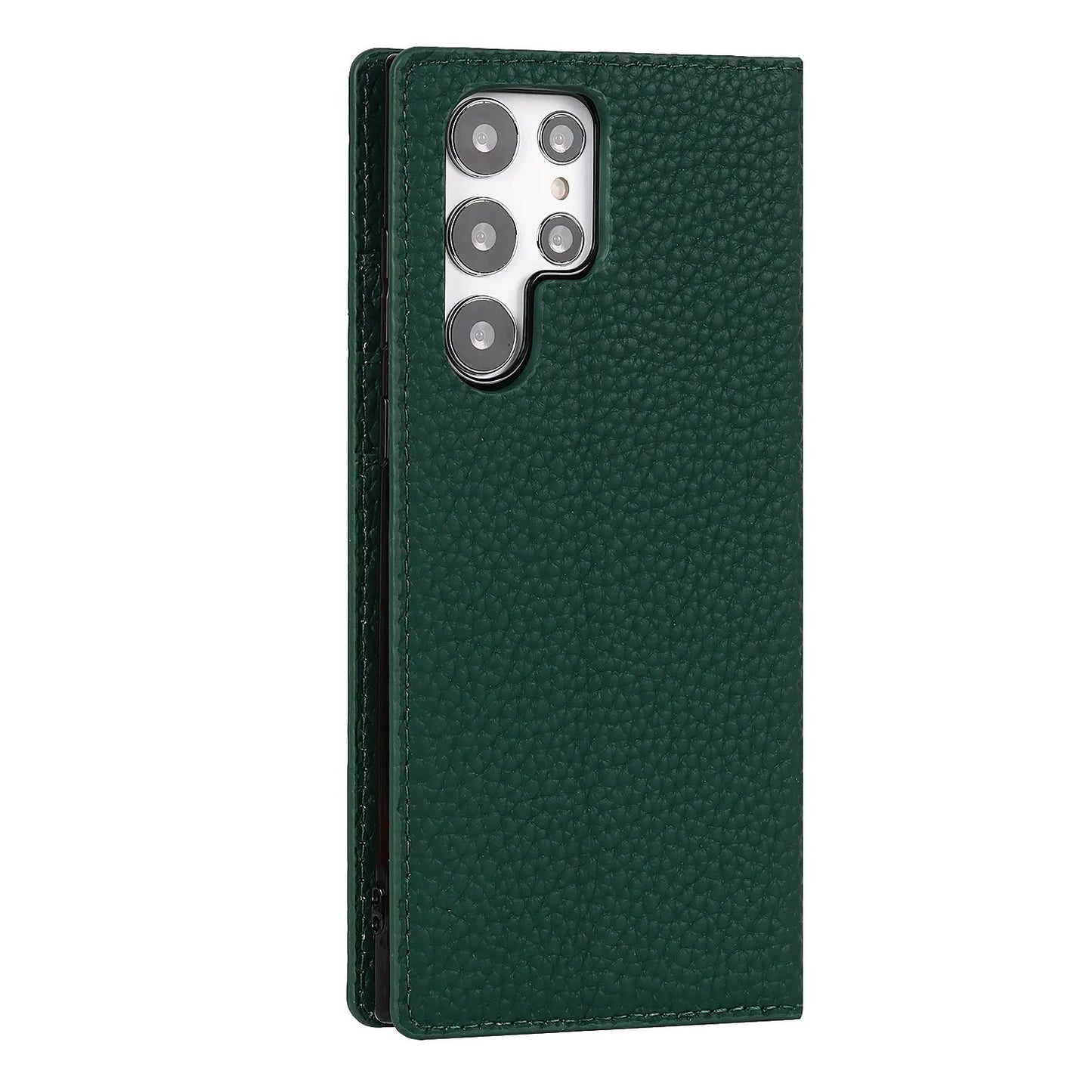 The camera cutout view of the deep green Samsung Galaxy Leather Wallet Phone Case
