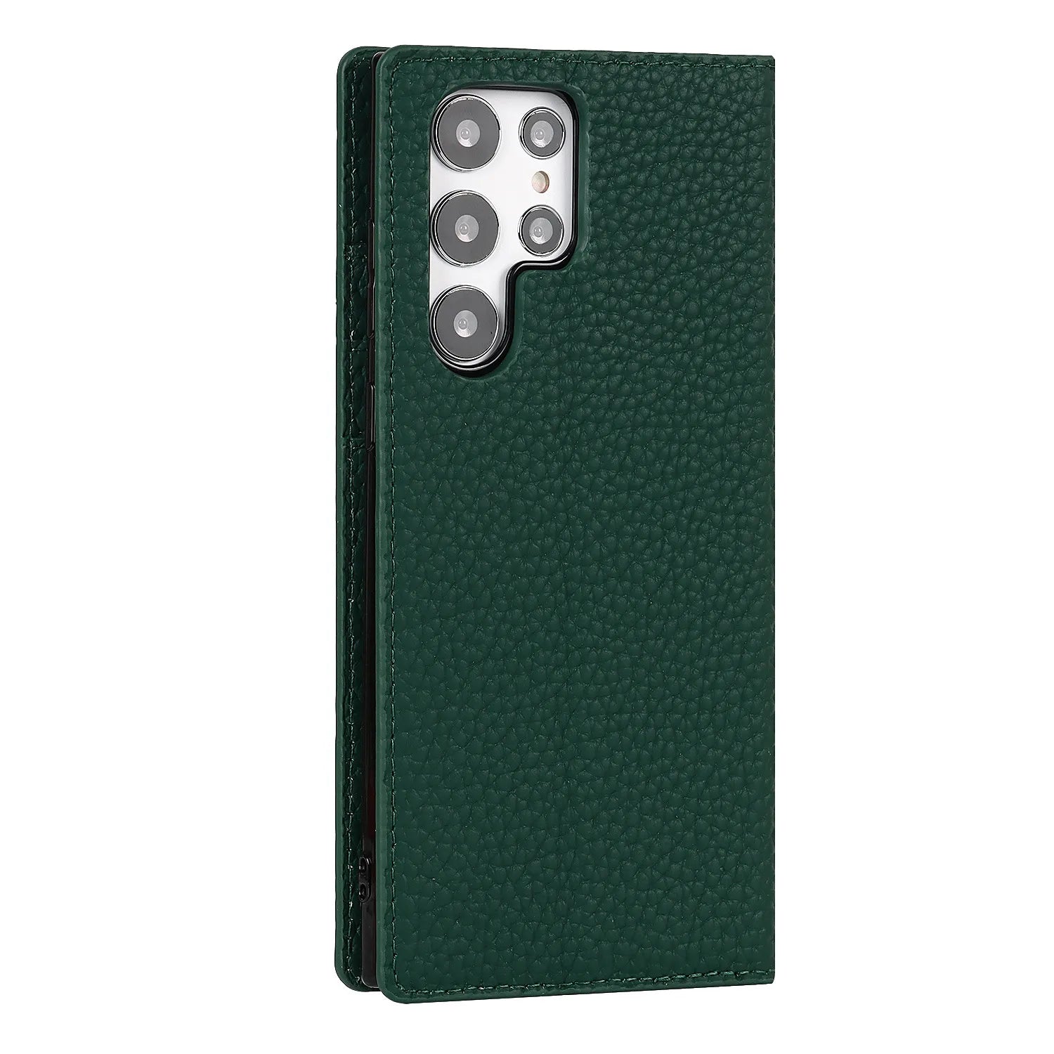The camera cutout view of the deep green Samsung Galaxy Leather Wallet Phone Case