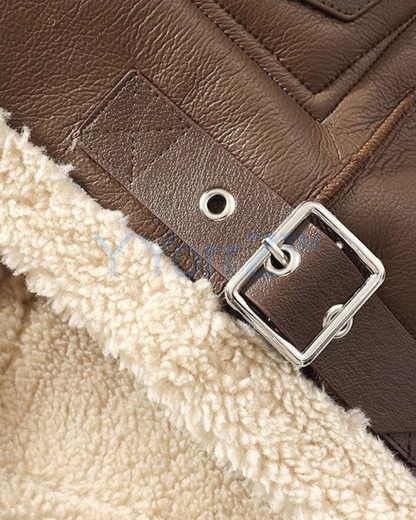 A close view of the belt of the Thick Vintage Faux Leather Curly Shearling Lining Jacket