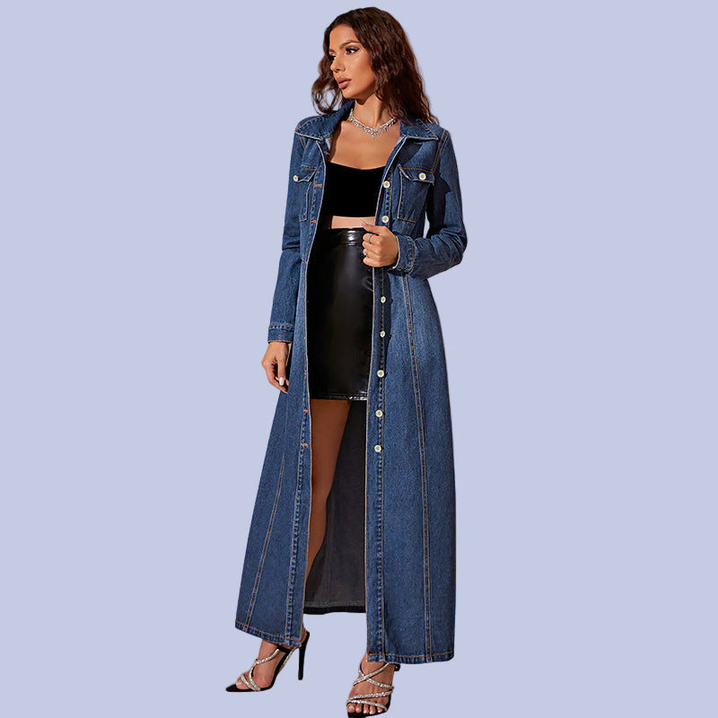 The Deep Indigo Denim Long Button Down Denim Maxi Dress Duster