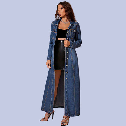 The Deep Indigo Denim Long Button Down Denim Maxi Dress Duster