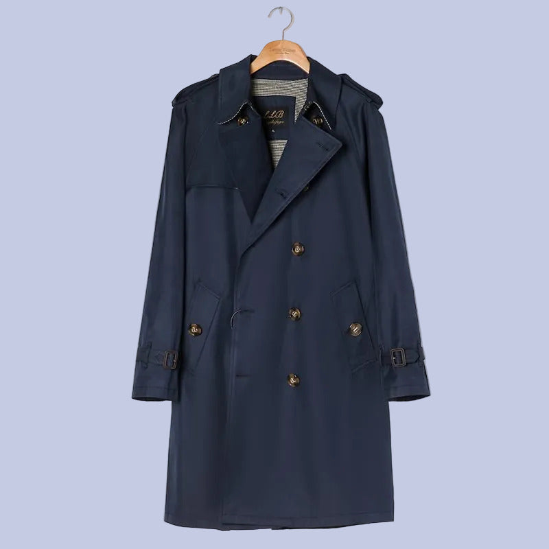 The deep navy blue Military Style Double-Breasted Trench Coat